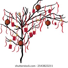 Árbol de decoración de texto: linternas, cintas rojas y sobres de dinero de la suerte. Arte e ilustración