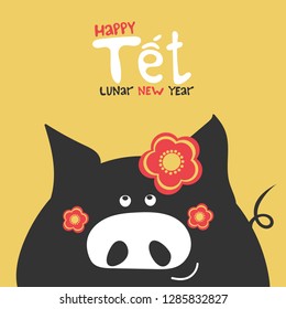 Tet - happy lunar new year, Vietnam holiday greeting card. 2019 chinese new year banner design. Cute cartoon vietnamese black pig with red plum blossom flowers. Spring season yellow background.