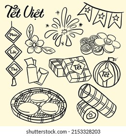 Tet Holiday Of Vietnamese People Doodle Set