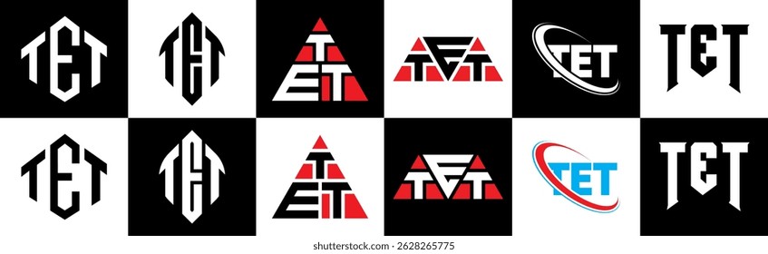 TET letter logo design in six style. TET polygon, circle, triangle, hexagon, flat and simple style with black and white color variation letter logo set in one artboard. TET minimalist and classic logo