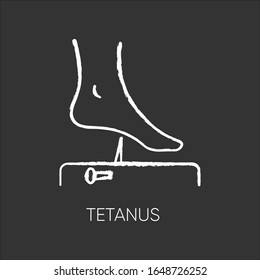 Tetanus chalk white icon on black background. Infectious disease, bacterial infection. Clostridium tetani bacterium protection. Human foot and rusty nail isolated vector chalkboard illustration