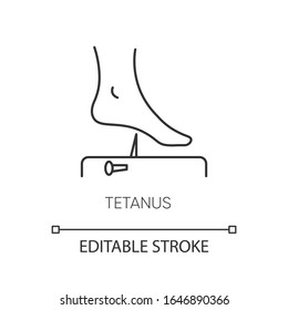 Tetanus pixel perfect linear icon. Thin line customizable illustration. Infectious disease, bacterial infection contour symbol. Foot and rusty nail vector isolated outline drawing. Editable stroke