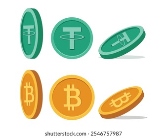 Tether and Bitcoin coins in vibrant green and gold tones on white background. Modern digital money in vector cryptocurrency concept. For currency decor, emblems, icons.