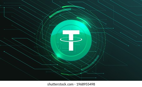 Tether coin with crypto currency themed banner. Tether or USDT icon on modern neon color background. Cryptocurrency Blockchain technology, digital FIAT or trade exchange concept.