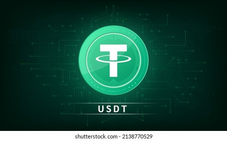 Tether coin cryptocurrency token symbol. Coin icon on dark  background. Technology for finance in International stock blockchain. Vector illustration.