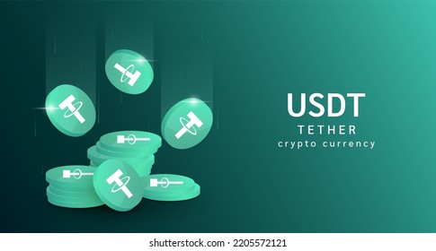 Monedas de otros países que caen o vuelan con montones de monedas. Cartel de criptodivisa. Moneda criptográfica en fondo verde. Ilustración vectorial 3d. 