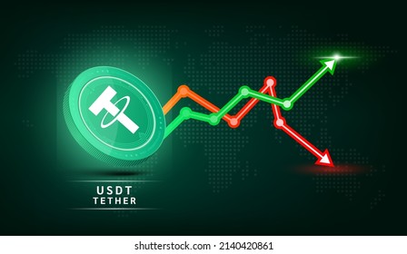 Tether coin green. Cryptocurrency token symbol with stock market investment trading graph green and red. Coin icon on dark  background. Economic trends business concept. 3D Vector illustration.