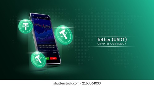 Tether coin and Phone. App for trading crypto currency on the touch screen smartphone. Data analytics stock market. Mobile banking cryptocurrency. Vector 3d. 