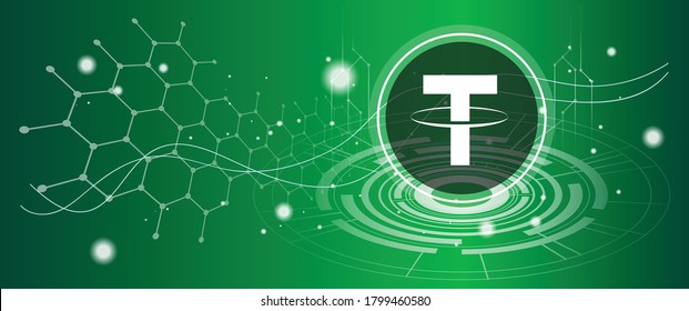 Tether coin symbol with crypto currency themed background design. Modern neon color banner for Tether or USDT icon. Cryptocurrency Blockchain technology, digital FIAT & trade exchange concept.