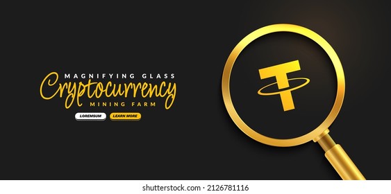 Tether Crypto currency with golden magnifying glass background, Digital money exchange of Blockchain technology banner, Cryptocurrency financial concept