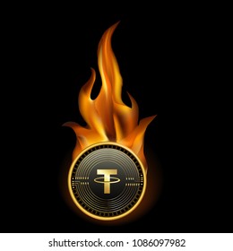 Tether Cryptocurrency Coin On Fire Background