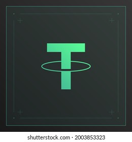 Tether cryptocurrency colorful gradient logo with thin line decoration. Isolated on dark background.
