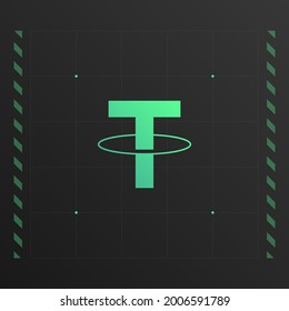 Tether cryptocurrency colorful logo with thin line decoration. Isolated on dark background.
