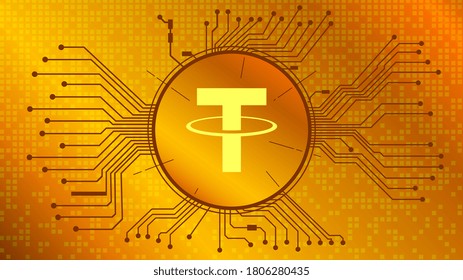 Símbolo criptodivisa (token), icono de moneda USDT en círculo con pcb sobre fondo dorado. Oro digital en estilo tecno para sitio web o banner. EPS10 vectores.