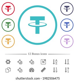 Tether digital cryptocurrency flat color icons in circle shape outlines. 12 bonus icons included.