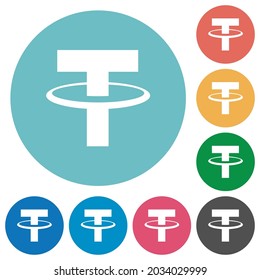 Tether digital cryptocurrency flat white icons on round color backgrounds