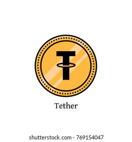 Tether digital and virtual currency flat color line symbol. Thin linear icon of joke cryptocurrency on isolated background. Gold coin sign, symbol, template, concept, image, element, emblem, logo.