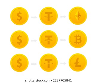 Tether and dollar, Dollar to Ethereum, Dollar to Litecoin, exchange icon. Cryptocurrency exchange concept. Internet network. Blockchain technology. Vector illustration