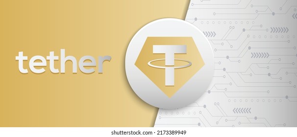 Tether Gold (XAUT) crypto coin symbol and logo. Block chain based virtual currency technology banner.