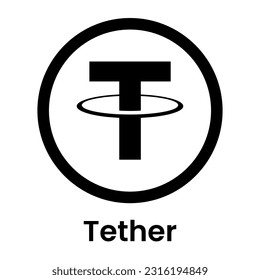 Symbol für das Tether-Symbol Zahlungszeichen. Kryptowährung-Logo. Einfache Vektorgrafik. Name der Kryptowährungen, Symbol und Bitcoin. Münzlogo. Schwarzes Emblem einzeln auf Weiß. Cryptowährung-E-Commerce-Konzept