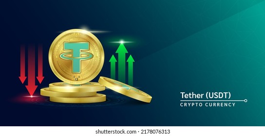 Tether token cryptocurrency banner. Future currency on blockchain stock market with red-green arrows up and down. Gold coins crypto currencies. Banner for news on a solid background. 3D Vector.