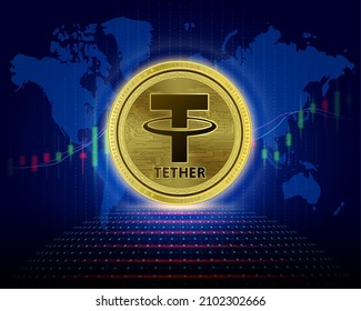 TETHER USDT coin 3D Vector illustration. Cryptocurrency blockchain (crypto currency) Future digital currency replacement technology Silver golden virtual currency with growth share chart is background