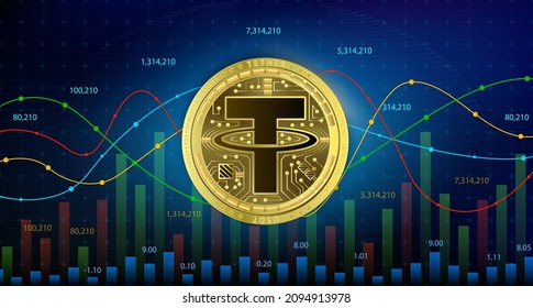 TETHER USDT moneda cryptocurrency blockchain tecnología de sustitución de divisas digitales en el futuro. moneda alternativa, gráfico de acciones doradas plateadas, números de acciones hacia abajo en segundo plano. Ilustración del vector 3D 