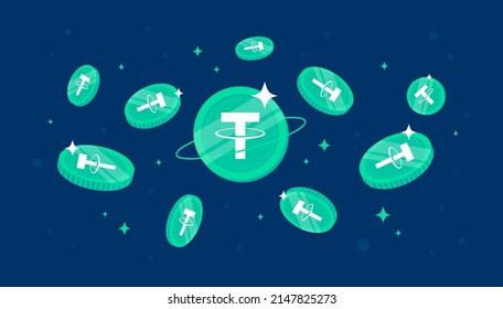 Tether (USDT) coins falling from the sky. USDT cryptocurrency concept banner background.