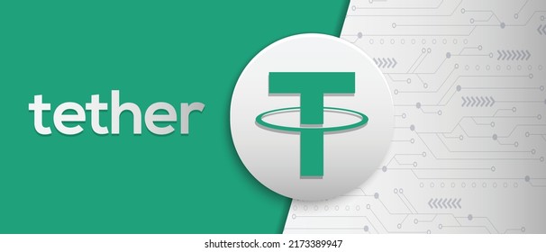 Símbolo y logotipo de la moneda criptográfica Tether (USDT). Banner de tecnología de moneda virtual basado en cadena de bloques.