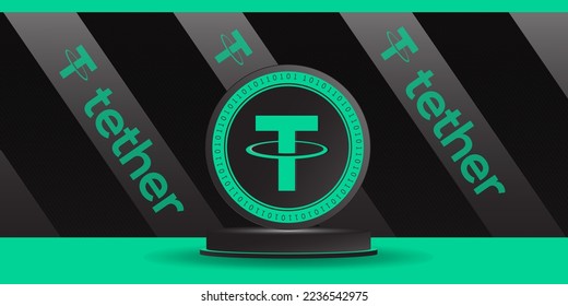 Anuncio de símbolo (token) criptográfico USDT y ilustración vectorial 3D de fondo