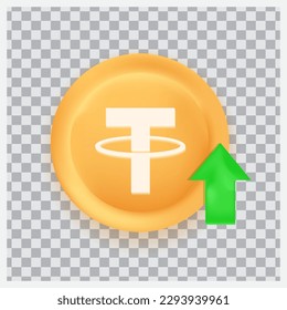 Tether (USDT) crypto currency buy concept with green arrow  vector 3D icon isolated on transparent background