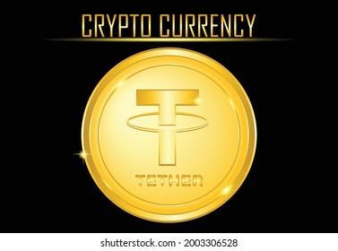 Tether (USDT) crypto currency coin. Tether (USDT) coin with golden colour and black background, for web, banner, signboard, etc. vector eps10