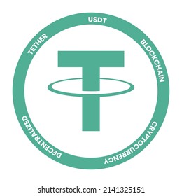 Tether USDT crypto currency coin vector symbol token template. Block chain concept virtual money template. Stickers and labels isolated in white background. 