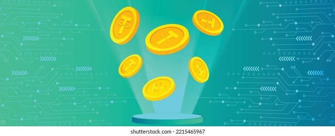 Tether USDT cripto moneda dorada monedas de oro tecnología futurista ilustración vectorial de fondo