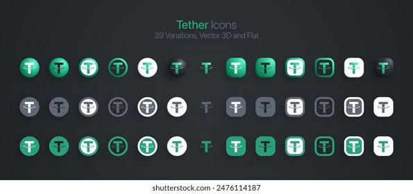 Tether USDT Crypto Currency Modern 3D And Flat Icons Set Vector Isolated On Dark Background. Blockchain Technology Cryptocurrency Coins Logo In Different Styles For Financial Exchange Digital Business