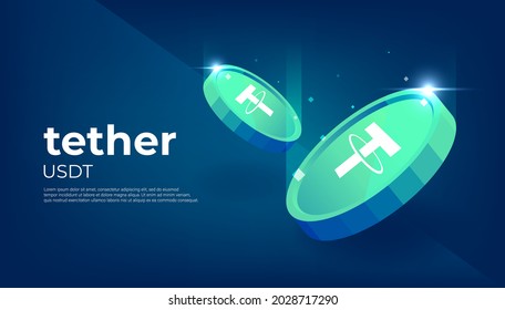 Tether or USDT crypto currency themed banner. Cryptocurrency Blockchain technology, digital FIAT or trade exchange concept.