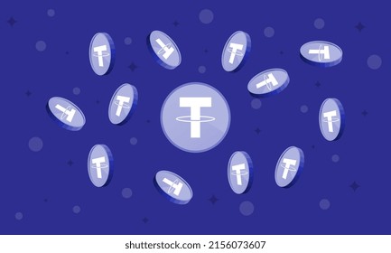 Tether or USDT crypto currency themed background. Falling coins illustration.