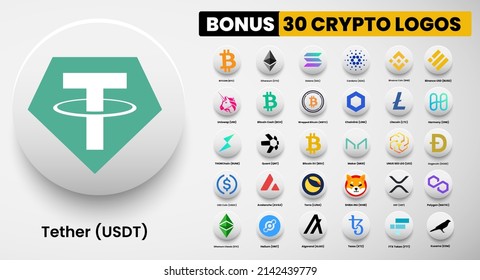 Tether USDT crypto logo symbols of cryptocurrency. Set of Bitcoin, Ethereum, Solana, Binance Coin, Binance USD, litecoin,avalanche, chainlink, maker, dogecoin, USD Coin, Shiba Inu, Polygon, and Helium