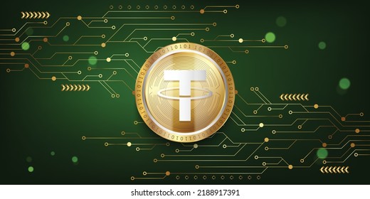 Tether (USDT) Krypto-Metallic-Münze, virtuelle Währung, Token auf futuristischer Technologie, Vektorhintergrund 