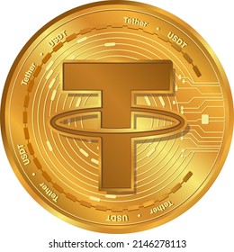 Otras monedas de Cryptocurrency de USDT.Moneda de oro con logotipo de USDT.Concepto de dinero digital descentralizado.