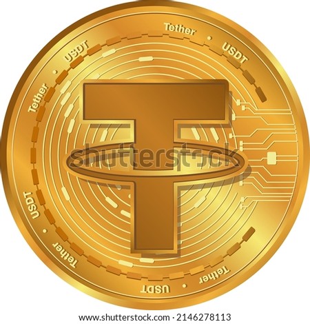 Tether USDT Cryptocurrency coins.USDT logo gold coin.Decentralized digital money concept.