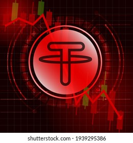 Tether (USDT) cryptocurrency value price fall drop concept design. Glowing Dash Coin on red candle stick charts with black and red background.Vector Illustration.EPS10.