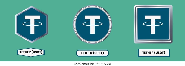 Tether USDT cryptocurrency vector logo illustration set. Block chain based open source crypto currency coins isolated on round, square badges. Digital technology silver 3D icons in white background