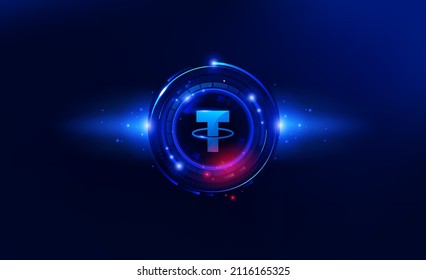 Tether or Usdt cryptocurrency web banner with blue and red lighting. Digital fiat. Blockchain technology. Vector illustartion