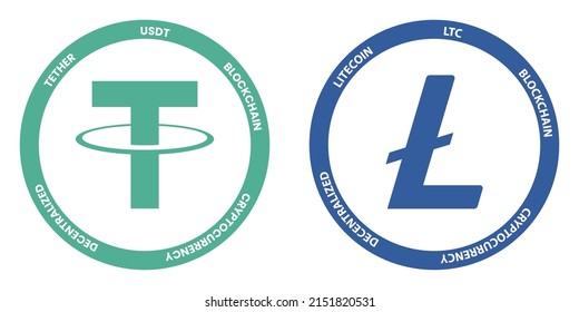 Tether USDT and Litecoin LTC crypto logos. Cryptocurrency symbol set vector illustration template