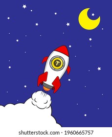 Tether (USDT) rocket launcher, cryptocurrency concept. The growth rate of the coin - digital payment system