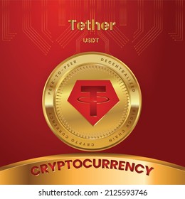 Tether (USDT) Token Crypto Currency logo in technology Concept Based Poster, banner design In Red and Golden Color with gold coin.