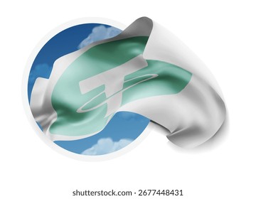 Tether, vector 3d flag against a blue sky, through a round hole on a white background