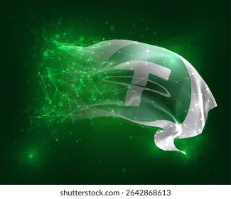 Tether, vector 3d flag on green background and numbers