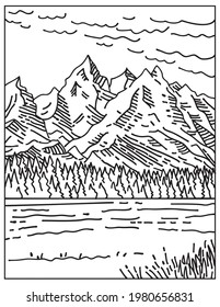 The Teton Range in Grand Teton National Park Located in Northwestern Wyoming United States Mono Line or Monoline Black and White Line Art